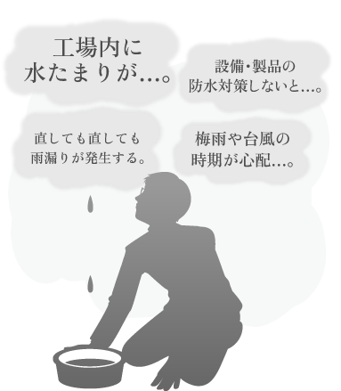 工場内に水たまりが…。直しても直しても雨漏りが発生する。梅雨や台風の時期が心配…。設備・製品の防水対策しないと…。