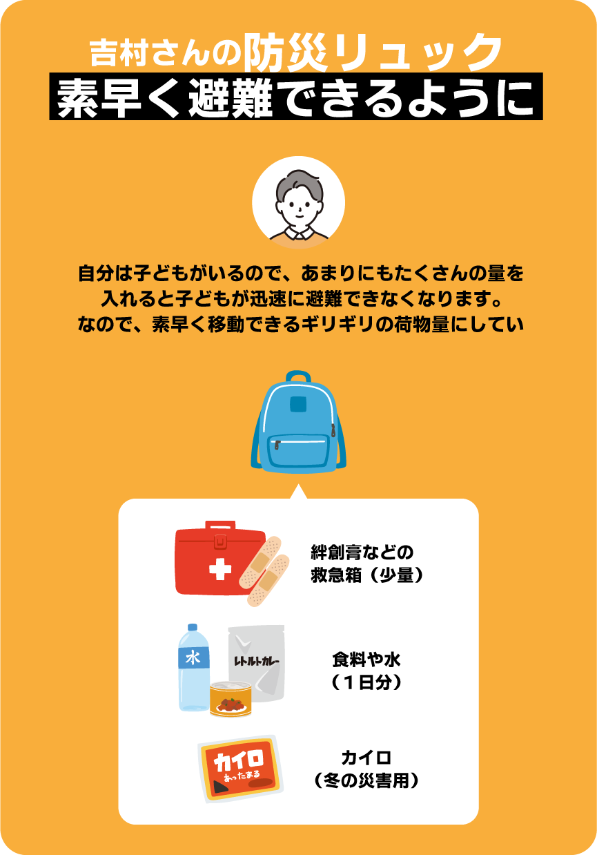 吉村さんのリュックの中身:絆創膏などの緊急箱、食料や水、カイロ