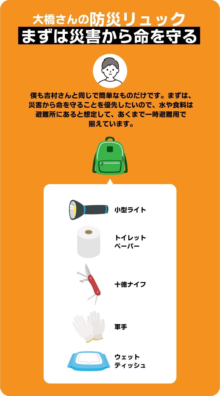 大橋さんのリュックの中身:小型ライト、トイレットペーパー、十徳ナイフ、軍手、ウェットティッシュ